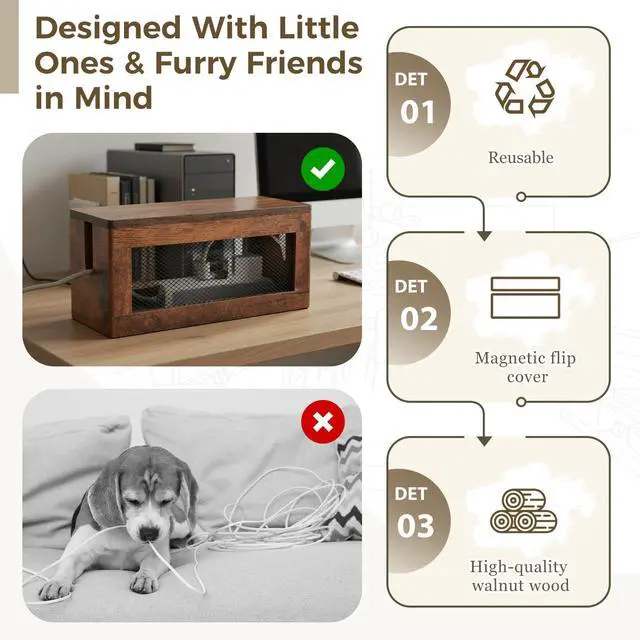 Alt view image 4 of 6 - Extra Large Cable Management Box, 16'' Wood Cord Box Organizer with Ventilation Nets & Organizer for Power Strip, TV Wires & Desk Cable Storage, Magnetic Lid Hide Floor Cables