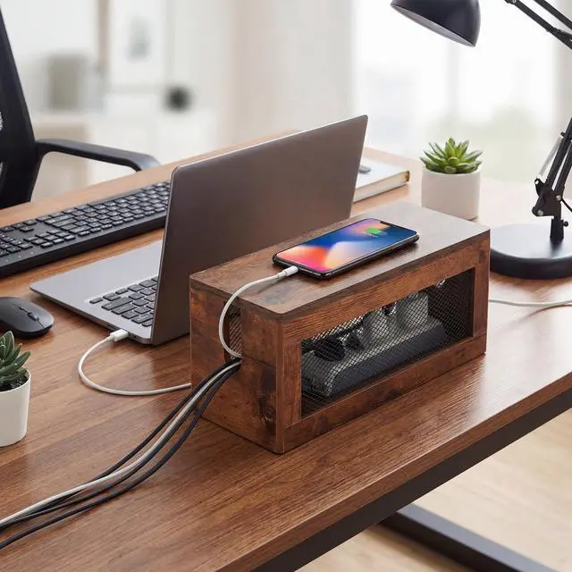 Alt view image 6 of 6 - Extra Large Cable Management Box, 16'' Wood Cord Box Organizer with Ventilation Nets & Organizer for Power Strip, TV Wires & Desk Cable Storage, Magnetic Lid Hide Floor Cables