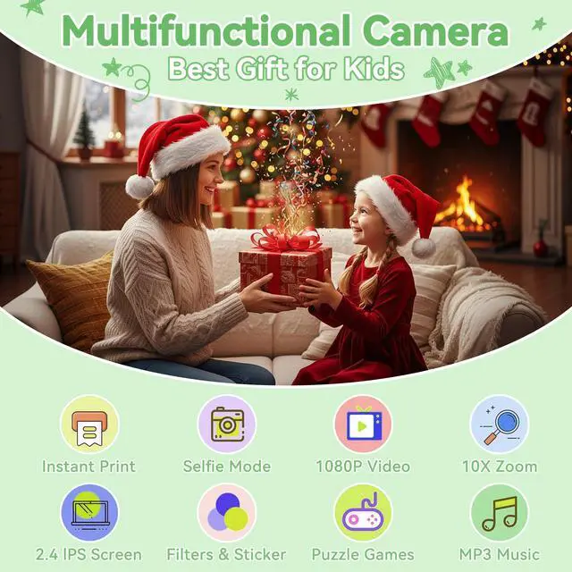 Alt view image 2 of 6 - Kids Instant Print Camera, Portable Toddler Travel Print Toy | 1080P Video Digital Camera, Christmas Birthday Gifts for Girls Boys Age 3-12, Green