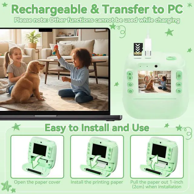 Alt view image 3 of 6 - Kids Instant Print Camera, Portable Toddler Travel Print Toy | 1080P Video Digital Camera, Christmas Birthday Gifts for Girls Boys Age 3-12, Green