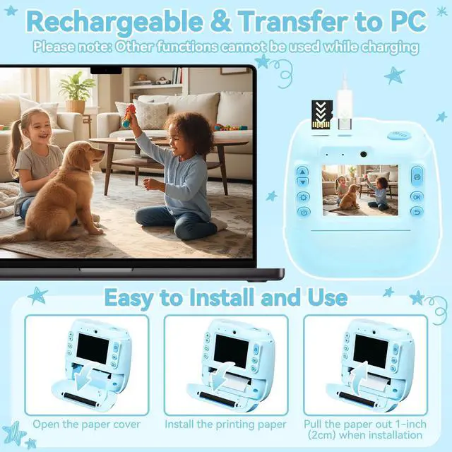 Alt view image 3 of 6 - Kids Instant Print Camera, Portable Toddler Travel Print Toy | 1080P Video Digital Camera, Christmas Birthday Gifts for Girls Boys Age 3-12, Blue