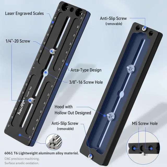 Main image of HQR-160 160mm Multi-Purpose Long Quick Release Extender Rail Sliding Plate for Camera Tripod Ballhead Clamp fit RRS Benro Arca Swiss Sunwayfoto