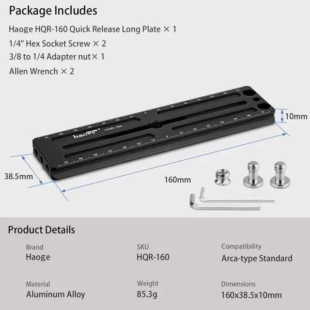 Alt view image 5 of 5 - HQR-160 160mm Multi-Purpose Long Quick Release Extender Rail Sliding Plate for Camera Tripod Ballhead Clamp fit RRS Benro Arca Swiss Sunwayfoto