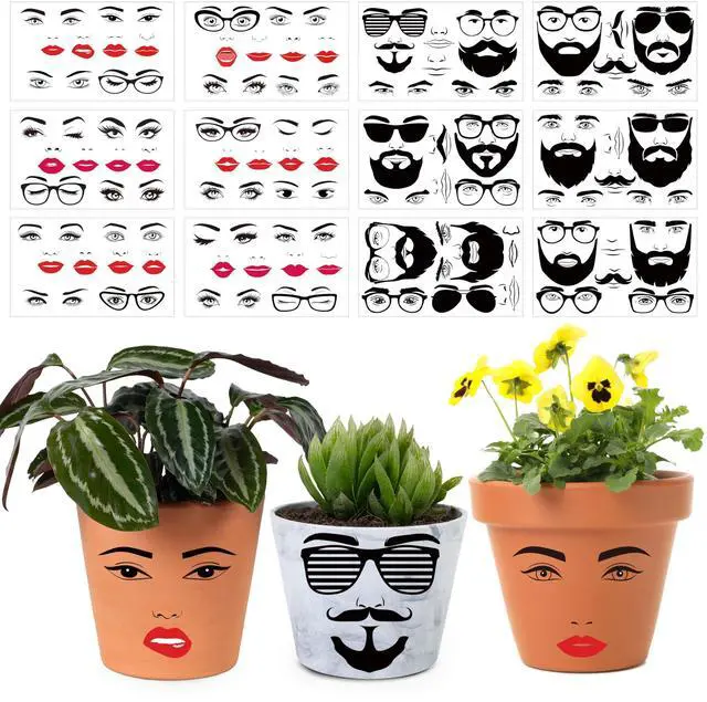 Main image of Face Stickers for Flower Pots - 12 Sheets DIY Crafts Vinyl Decals | Male and Female, Eyes Nose Mouth, Funny Face Transfer Stickers, Waterproof, Party Favor, Wood Wall Water Bottles Laptop Decor