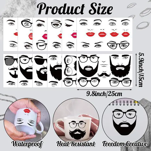 Alt view image 2 of 6 - Face Stickers for Flower Pots - 12 Sheets DIY Crafts Vinyl Decals | Male and Female, Eyes Nose Mouth, Funny Face Transfer Stickers, Waterproof, Party Favor, Wood Wall Water Bottles Laptop Decor