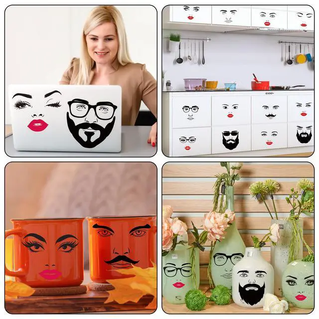 Alt view image 6 of 6 - Face Stickers for Flower Pots - 12 Sheets DIY Crafts Vinyl Decals | Male and Female, Eyes Nose Mouth, Funny Face Transfer Stickers, Waterproof, Party Favor, Wood Wall Water Bottles Laptop Decor