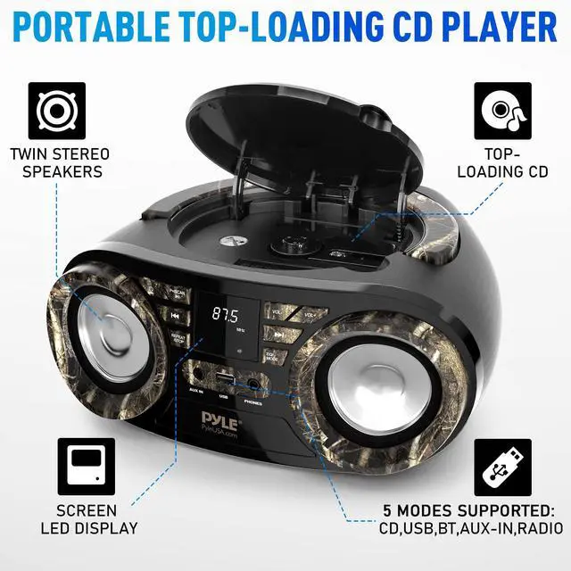 Alt view image 2 of 6 - Portable CD Player Bluetooth Boombox Speaker-AM/FM Stereo Radio&Audio Sound,Supports CD-R-RW/MP3/WMA,USB,AUX,Headphone,LED Display,AC/Battery Powered,Real Tree- PHCD59.5