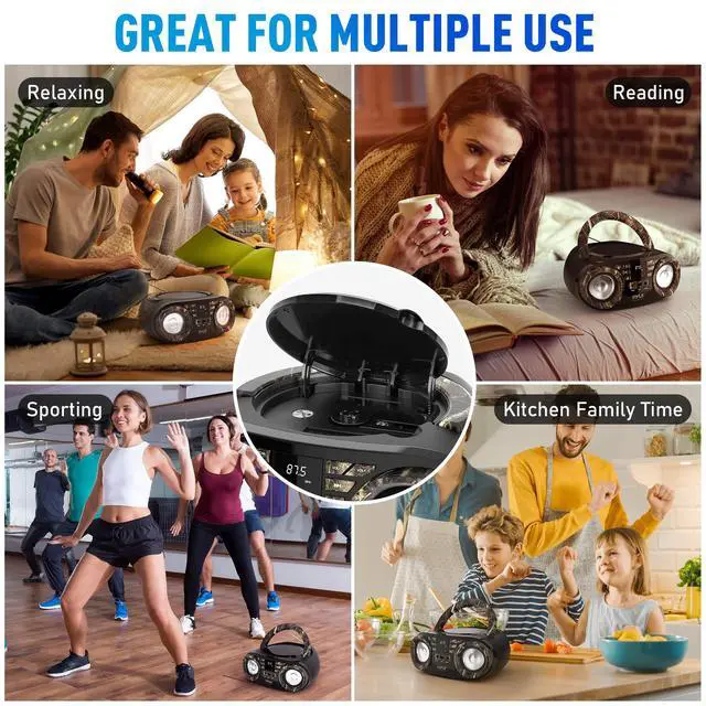 Alt view image 4 of 6 - Portable CD Player Bluetooth Boombox Speaker-AM/FM Stereo Radio&Audio Sound,Supports CD-R-RW/MP3/WMA,USB,AUX,Headphone,LED Display,AC/Battery Powered,Real Tree- PHCD59.5