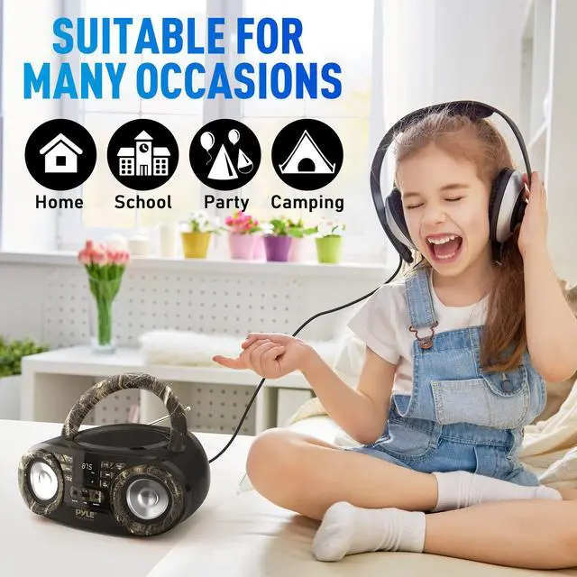 Alt view image 6 of 6 - Portable CD Player Bluetooth Boombox Speaker-AM/FM Stereo Radio&Audio Sound,Supports CD-R-RW/MP3/WMA,USB,AUX,Headphone,LED Display,AC/Battery Powered,Real Tree- PHCD59.5