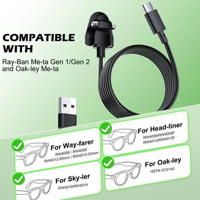 Alt view image 2 of 6 - Charging Adapter Cable Compatible with Ray-Ban Oakley Meta AI Smart Glasses(Gen 1&2),Portable Charger USB C Port for Wayfarer,Skyler,Headliner and HSTN Meta Accessories(2 Pcs)