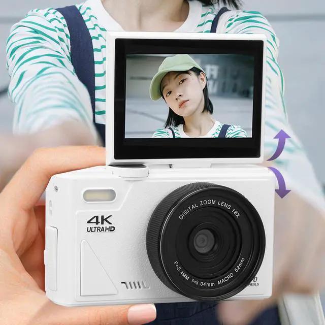 Alt view image 2 of 6 - Digital Camera, 64MP 4K UHD Vlogging Camera with 3 Inch Flip Screen, 18X Digital Zoom, Anti Shake, Autofocus, Webcam Function, Retro Digital Point and Shoot Camera for Travel