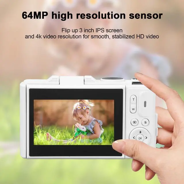 Alt view image 3 of 6 - Digital Camera, 64MP 4K UHD Vlogging Camera with 3 Inch Flip Screen, 18X Digital Zoom, Anti Shake, Autofocus, Webcam Function, Retro Digital Point and Shoot Camera for Travel