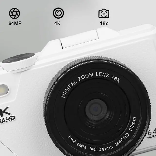 Alt view image 4 of 6 - Digital Camera, 64MP 4K UHD Vlogging Camera with 3 Inch Flip Screen, 18X Digital Zoom, Anti Shake, Autofocus, Webcam Function, Retro Digital Point and Shoot Camera for Travel