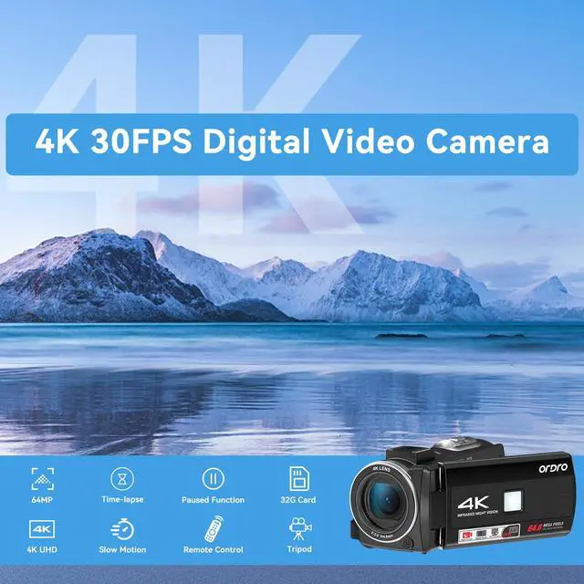 Alt view image 2 of 6 - 4K Video Camera Camcorder with 12X Telephoto Zoom Lens | 3'' 270° Screen Digital Camcorder for Vlogging YouTube, IR Night Vision w/Remote