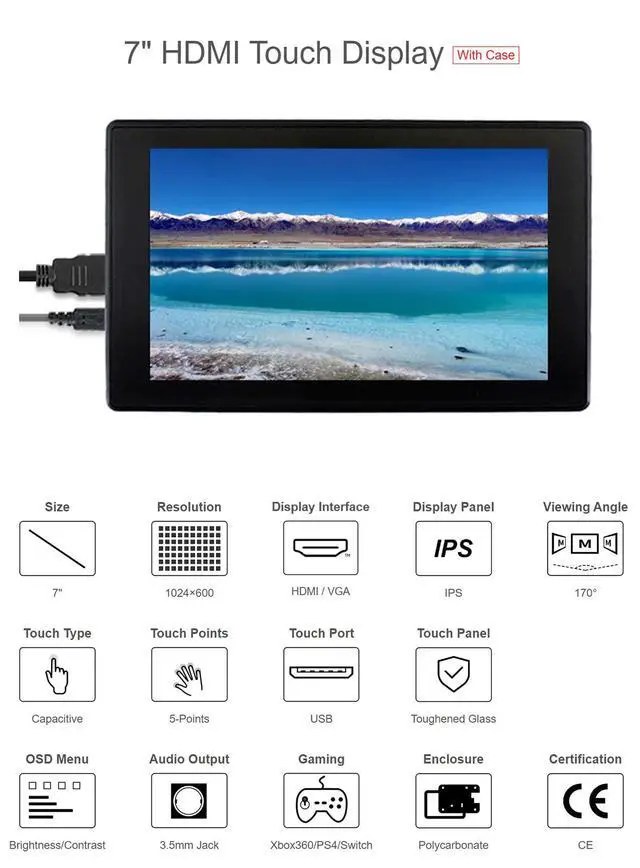 Alt view image 2 of 6 - 7inch HDMI LCD with Case for Raspberry Pi Capacitive Touchscreen 1024×600 IPS Display Screen Monitor Compatible with Raspberry Pi 4B/3B+/3B/Zero/Jetson Nano Support Windows 10/8.1/8/7