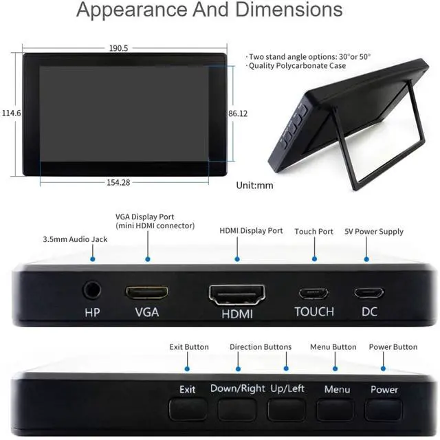 Alt view image 6 of 6 - 7inch HDMI LCD with Case for Raspberry Pi Capacitive Touchscreen 1024×600 IPS Display Screen Monitor Compatible with Raspberry Pi 4B/3B+/3B/Zero/Jetson Nano Support Windows 10/8.1/8/7