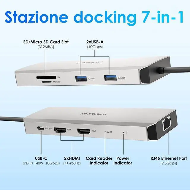 Alt view image 2 of 6 - Laptop Docking Station, Docking Station Dual HDMI | Dual 4K@60Hz, 125W PD IN, 2.5G Ethernet, 2×USB-A 10Gbps, SD 4.0 312MB/s, Compatible with Windows ONLY