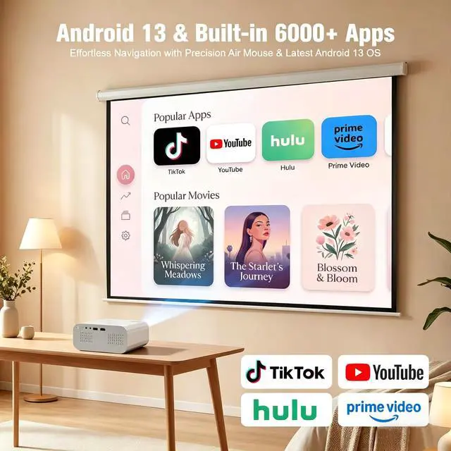 Alt view image 3 of 6 - Projector, Mini Projector with WiFi and Bluetooth, Built-in Apps, Auto Focus & Keystone,Native 1080P Support, Portable Outdoor Smart Projector,White