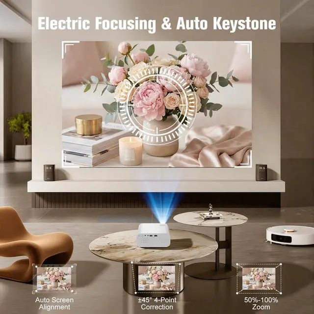 Alt view image 4 of 6 - Projector, Mini Projector with WiFi and Bluetooth, Built-in Apps, Auto Focus & Keystone,Native 1080P Support, Portable Outdoor Smart Projector,White