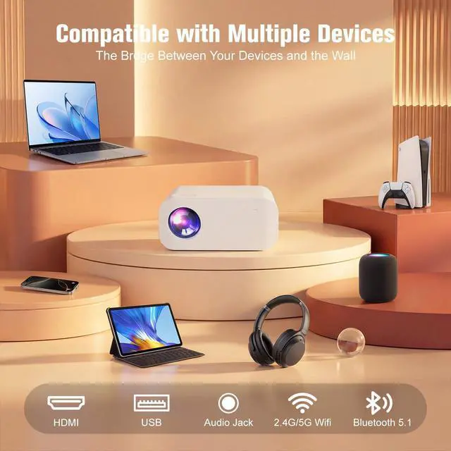 Alt view image 6 of 6 - Projector, Mini Projector with WiFi and Bluetooth, Built-in Apps, Auto Focus & Keystone,Native 1080P Support, Portable Outdoor Smart Projector,White