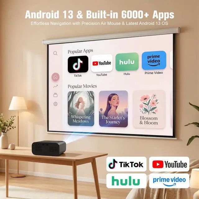 Alt view image 3 of 6 - Mini Projector with WiFi and Bluetooth,4K 1080P Support Portable Projector,Built-in Apps,Android 13,Auto Keystone Correction,260 ANSI,32"-150"Screen Movie Video Projector for Indoor/Outdoor
