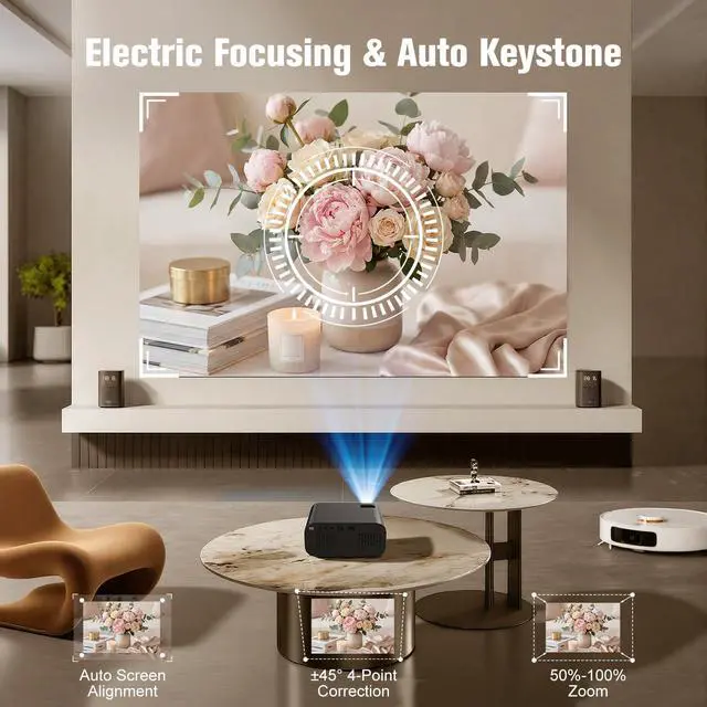 Alt view image 4 of 6 - Mini Projector with WiFi and Bluetooth,4K 1080P Support Portable Projector,Built-in Apps,Android 13,Auto Keystone Correction,260 ANSI,32"-150"Screen Movie Video Projector for Indoor/Outdoor