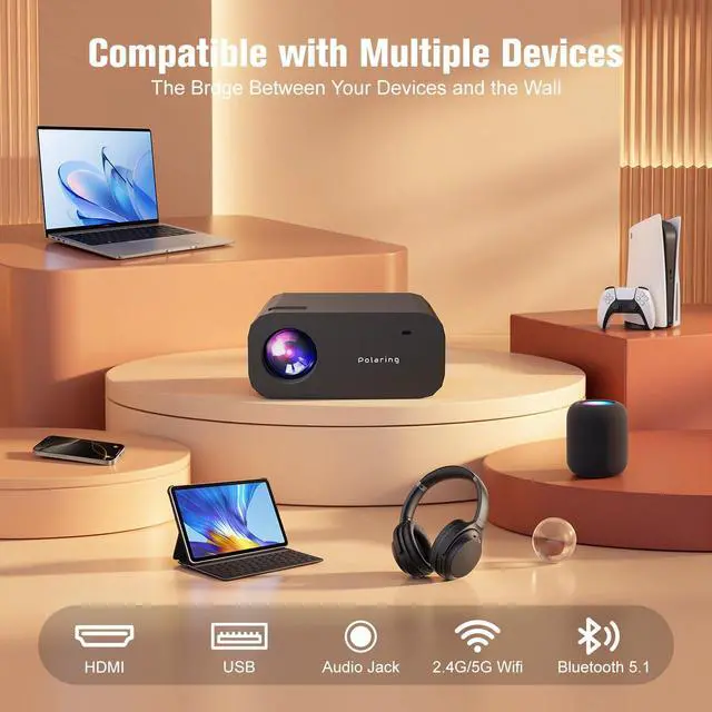 Alt view image 6 of 6 - Mini Projector with WiFi and Bluetooth,4K 1080P Support Portable Projector,Built-in Apps,Android 13,Auto Keystone Correction,260 ANSI,32"-150"Screen Movie Video Projector for Indoor/Outdoor