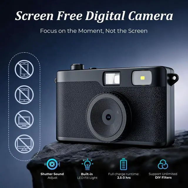 Alt view image 2 of 6 - Vintage Digital Camera, Reusable 12MP Screen Free Retro Digital Camera | Unlimited DIY Filters, OTG STransfer & Flash Light for Summer Camp with 8GB Micro SD Card, OTG Adapter & Type-C Cable(Black)