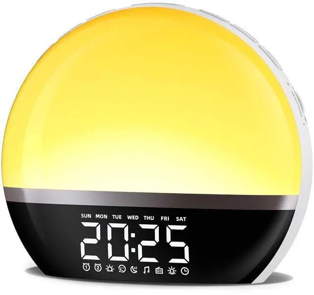 Main image of FM Radio Sunrise Alarm Clock Sound Machine Wake-Up Light Sunrise Sunset Simulation Adjustable Volume Brightness Sleep Aid 13 Colors 23 Sounds 28 Tunes Snooze Dual Alarm 4 Timers