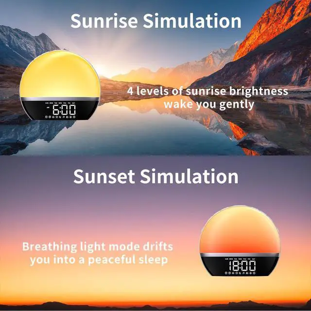 Alt view image 2 of 6 - FM Radio Sunrise Alarm Clock Sound Machine Wake-Up Light Sunrise Sunset Simulation Adjustable Volume Brightness Sleep Aid 13 Colors 23 Sounds 28 Tunes Snooze Dual Alarm 4 Timers