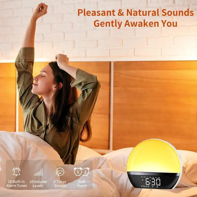 Alt view image 3 of 6 - FM Radio Sunrise Alarm Clock Sound Machine Wake-Up Light Sunrise Sunset Simulation Adjustable Volume Brightness Sleep Aid 13 Colors 23 Sounds 28 Tunes Snooze Dual Alarm 4 Timers