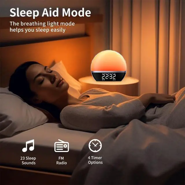 Alt view image 4 of 6 - FM Radio Sunrise Alarm Clock Sound Machine Wake-Up Light Sunrise Sunset Simulation Adjustable Volume Brightness Sleep Aid 13 Colors 23 Sounds 28 Tunes Snooze Dual Alarm 4 Timers