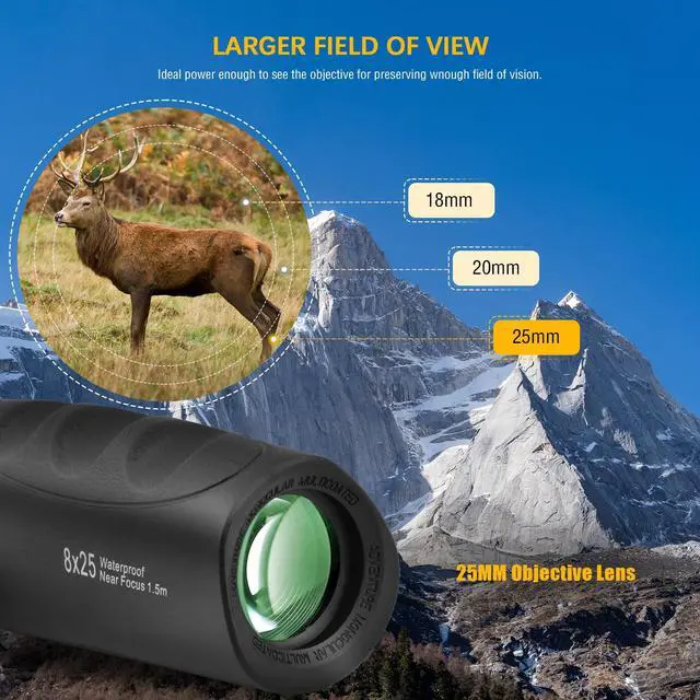 Alt view image 3 of 6 - 8x25 Waterproof Compact Monocular | High Definition Wide View, Telescope Monoculars, Comes with Cleaning Cloth, Case & Neck Strap, Black