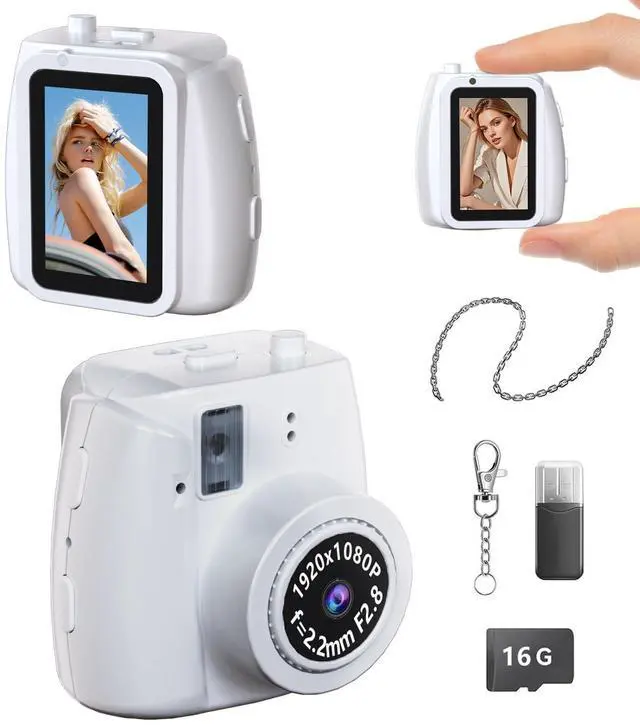 Main image of Mini Keychain Camera - Retro Digital Camera with 1080P HD Video Recorder, 0.96" Display Screen Camera with 16G Card, Tiny Fun Stress-Relief Cameras for Kids,Parties,Travel,Birthdays (White)