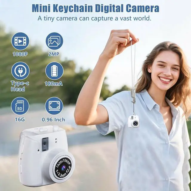 Alt view image 2 of 6 - Mini Keychain Camera - Retro Digital Camera with 1080P HD Video Recorder, 0.96" Display Screen Camera with 16G Card, Tiny Fun Stress-Relief Cameras for Kids,Parties,Travel,Birthdays (White)