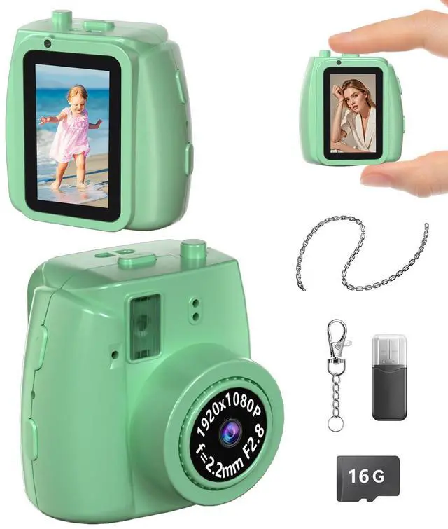 Main image of Mini Keychain Camera - Retro Digital Camera with 1080P HD Video Recorder, 0.96" Display Screen Camera with 16G Card, Tiny Fun Stress-Relief Cameras for Kids,Parties,Travel,Birthdays (Green)
