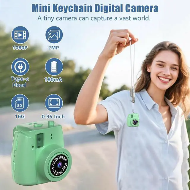 Alt view image 2 of 6 - Mini Keychain Camera - Retro Digital Camera with 1080P HD Video Recorder, 0.96" Display Screen Camera with 16G Card, Tiny Fun Stress-Relief Cameras for Kids,Parties,Travel,Birthdays (Green)