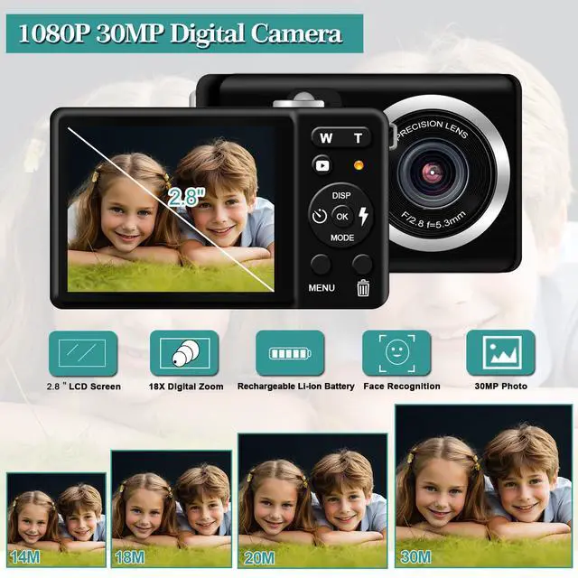 Alt view image 2 of 6 - Digital Camera 30MP FHD 1080P Point and Shoot Camera with 2.8" LCD 18X Digital Zoom, Compact Rechargeable Kids Camera for Teens Students Seniors Vlogging (Black)