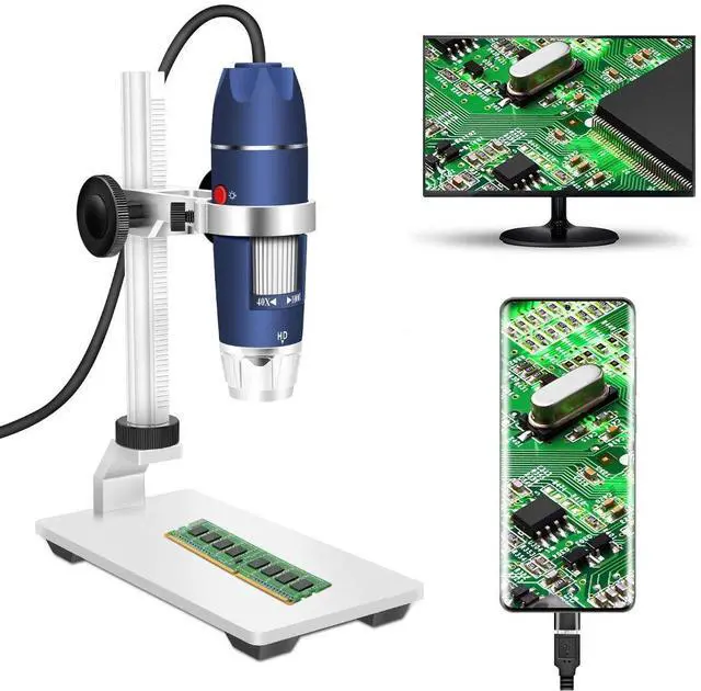 Main image of HD 2MP 40X-1000X USB Digital Microscope with Aluminum Alloy Stand | Portable Magnification Endoscope Camera with 8 LEDs, Fits OTG Android, Mac, Windows 7 8 10 11 & Linux