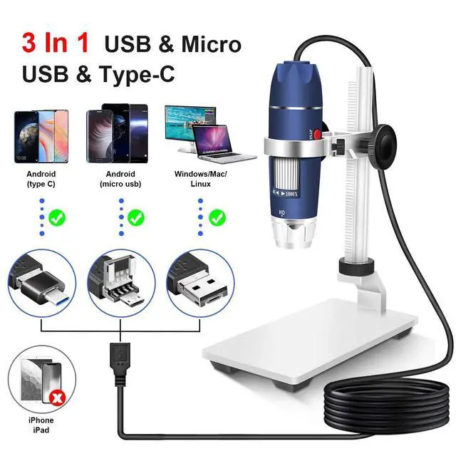 Alt view image 2 of 6 - HD 2MP 40X-1000X USB Digital Microscope with Aluminum Alloy Stand | Portable Magnification Endoscope Camera with 8 LEDs, Fits OTG Android, Mac, Windows 7 8 10 11 & Linux