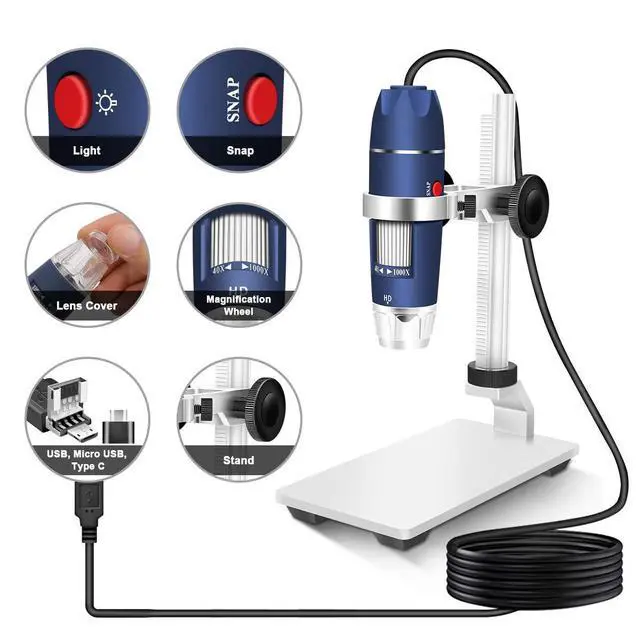 Alt view image 5 of 6 - HD 2MP 40X-1000X USB Digital Microscope with Aluminum Alloy Stand | Portable Magnification Endoscope Camera with 8 LEDs, Fits OTG Android, Mac, Windows 7 8 10 11 & Linux