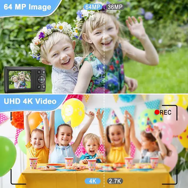 Alt view image 3 of 6 - Digital Camera, 4K 64MP Digital Point and Shoot Camera with 18X Zoom Compact Vlogging Camera for Teens, Adults Boys Girls Kids Anti Shake, Auto Focus, 32GB Card