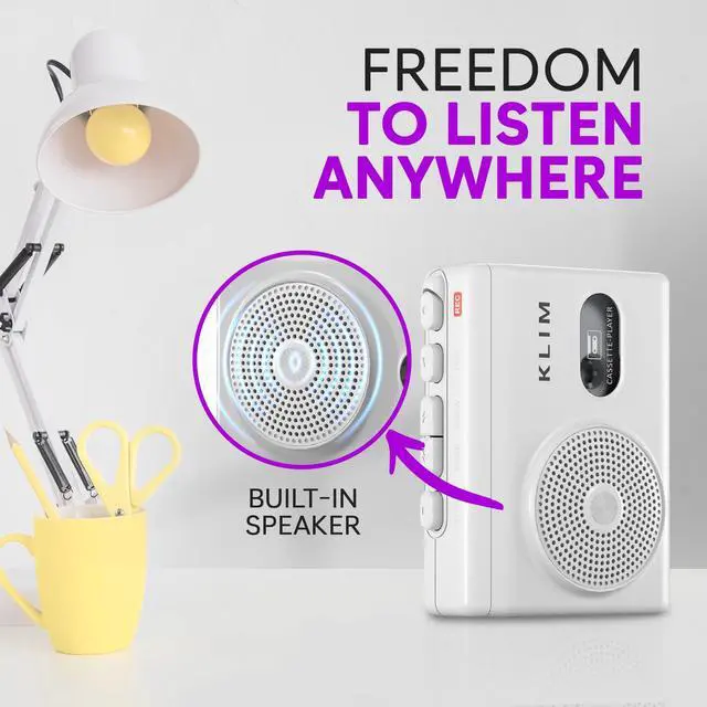 Alt view image 3 of 6 - Cassette Tape Player and Recorder with Microphone Built-in Speaker | Automatic Stop Protects Tapes - Runs on 2 AA Batteries or AC Adapter, Includes Earphones, White