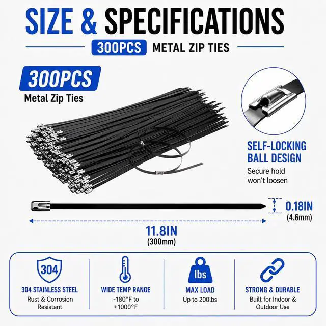 Alt view image 2 of 6 - 300PCS 11.8" Black 304 Metal Zip Ties,200LB Self-Locking Cable Ties | Heavy Duty & UV Resistant, Self-Locking Design for Fencing, Exhaust Wrap, Farm Pipes, Automotive Applications