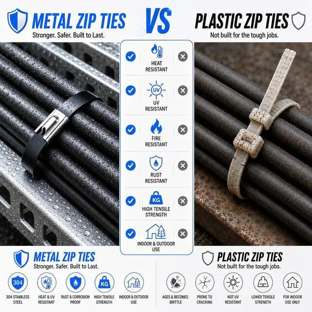 Alt view image 5 of 6 - 300PCS 11.8" Black 304 Metal Zip Ties,200LB Self-Locking Cable Ties | Heavy Duty & UV Resistant, Self-Locking Design for Fencing, Exhaust Wrap, Farm Pipes, Automotive Applications