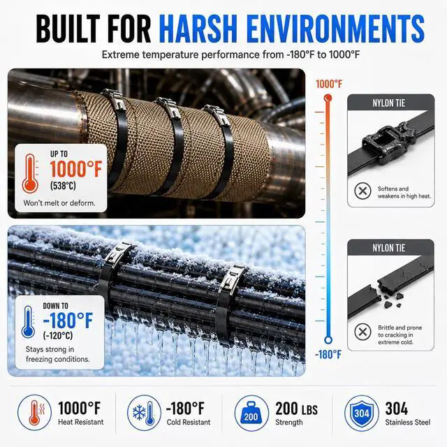 Alt view image 6 of 6 - 300PCS 11.8" Black 304 Metal Zip Ties,200LB Self-Locking Cable Ties | Heavy Duty & UV Resistant, Self-Locking Design for Fencing, Exhaust Wrap, Farm Pipes, Automotive Applications