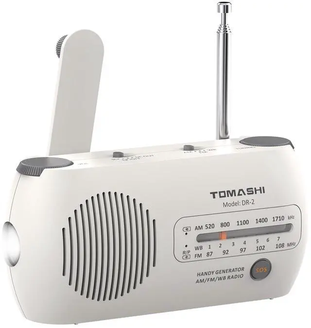 Main image of Portable NOAA Weather Radio, Hand Crank Emergency AM FM Radio | USB-C rechargeable, flashlight and SOS alarm. Compact hand crank radio with battery power for home, camping & power outages