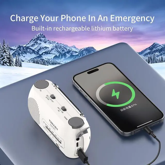 Alt view image 4 of 6 - Portable NOAA Weather Radio, Hand Crank Emergency AM FM Radio | USB-C rechargeable, flashlight and SOS alarm. Compact hand crank radio with battery power for home, camping & power outages