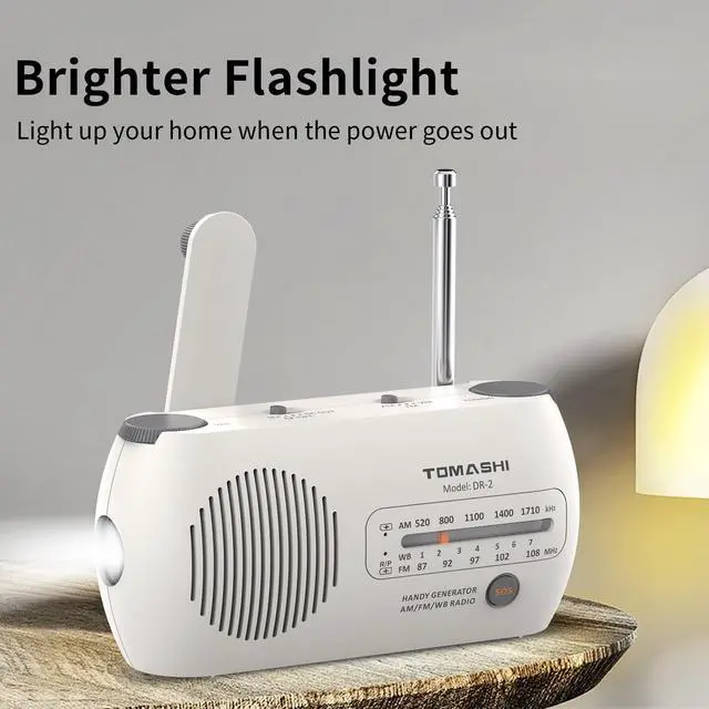 Alt view image 6 of 6 - Portable NOAA Weather Radio, Hand Crank Emergency AM FM Radio | USB-C rechargeable, flashlight and SOS alarm. Compact hand crank radio with battery power for home, camping & power outages