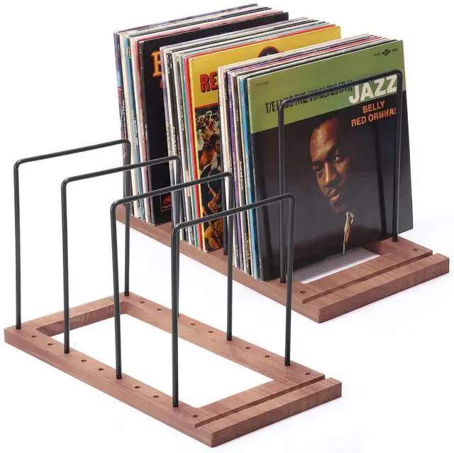Main image of 2 Pack Vinyl Record Holder Stand Wooden LP Storage Rack with Metal Dividers Desktop Album Organizer for 5075 Records Each Modern Record Display for Living Room Office Music Room
